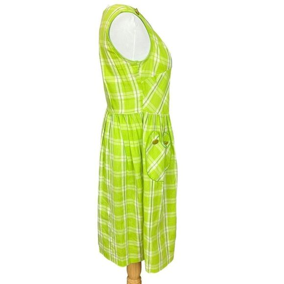 Vintage 60’s Handmade Lime Green Plaid Apron Style Fit and Flare Dress S - Picture 3 of 10